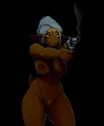 2019 angry anthro big_breasts blonde_hair boss_lamb_(hladilnik) bovid breasts caprine female fur gun hair handgun hladilnik long_ears mammal mostly_nude nipples pubes pussy ranged_weapon revolver sheep simple_background solo thick_thighs towel weapon wet wide_hips