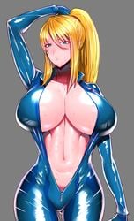 1girls blonde_hair blue_suit bodysuit breasts busty cleavage female hourglass_figure huge_breasts metroid mole_under_mouth navel nintendo ponytail samus_aran shiny_suit sidelocks sweat tight_clothing unzipped voluptuous wolffeld_price zero_suit zero_suit_samus zipper_pull_tab