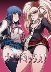 2girls blonde_hair blue_eyes blue_hair blush danganronpa danganronpa_1 danganronpa_2 danganronpa_2:_goodbye_despair danganronpa_3 female female_only gyaru maizono_sayaka mukuro_ikusaba panties ribbon skirt skirt_lift skirt_pull smile smiling straight_hair thick_thighs thighhighs thighs tights twintails