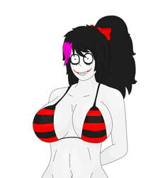 bikini_top black_hair cleavage creepypasta huge_breasts looking_at_viewer multicolored_hair navel nina_the_killer pale_skin ponytail sexualizer striped_bikini