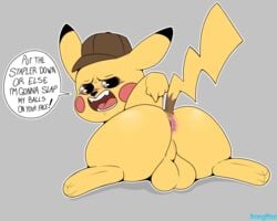 anthro anus ass balls big_butt detective_pikachu detective_pikachu_(series) dialogue dongitos feral furry hat huge_butt male male_only nintendo pikachu pokémon_(species) pokemon pokemon_detective_pikachu solo tagme video_games