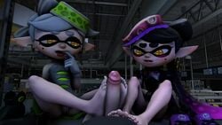 1boy 2girls 3d animated barefoot big_penis blush blushing callie_(splatoon) feet finger_in_mouth finger_to_mouth foot_fetish foot_rub footjob inkling justhopelessbaka looking_at_viewer male_pov marie_(splatoon) mp4 no_sound pov pussy soles splatoon squid_sisters tentacle_hair toes video yellow_eyes