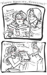 1girls 2007 2_panel_comic birthday birthday_gift blush book bookmark clothed clothed_female clothed_male clothing comic dated dialogue edit english_text female freckles gift grin gryffindor hair happy harry_potter hermione_granger holding_book holding_object human humor kamasutra lberghol light-skinned_female light-skinned_male light_skin long_hair male monochrome partially_colored reading_book ron_weasley shirt simple_background smile smirk straight talking text unwrapping upper_body watermark white_background witch_(harry_potter)