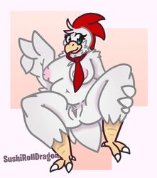 2019 anthro avian beak bird breasts character_request chicken claws feather_tuft feathers female front_view mostly_nude necktie nipples non-mammal_breasts original original_character presenting presenting_pussy pussy simple_background solo sushirolldragon tuft v_sign winged_arms wings