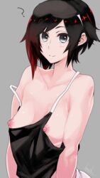 areolae black_hair breasts collarbone commentary_request female grey_background highres kuroino_(0kuro8ino6) looking_at_viewer multicolored_hair nipple_slip nipples oblivious off_shoulder partially_undressed red_hair ruby_rose rwby short_hair silver_eyes small_breasts solo strap_slip wardrobe_malfunction