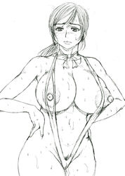 blush breasts female huge_breasts image_sample monochrome nipples pixiv_sample ponytail solo