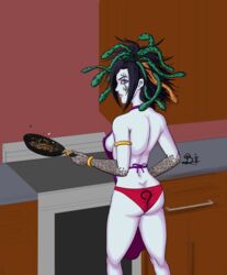 apron artist_signature edit edited facial_mark facial_tattoo frying_pan kid_icarus kid_icarus_uprising kitchen medusa medusa_(kid_icarus) panties sideboob snake_hair