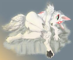 1oi 2019 absurd_res amaterasu anthro arm_tuft blue_eyes blush breasts canid canine canis capcom cloth deity eye_markings facial_markings female fur hi_res looking_at_viewer lying mammal markings nipples nude okami pawpads pussy simple_background smile solo video_games white_fur wolf