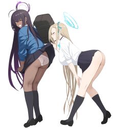 2girls ass asuna_(blue_archive) black_footwear black_hair black_legwear blonde_hair blue_archive blush breasts chela77 cleaning_&_clearing_(blue_archive) closed_eyes clothes_lift dark-skinned_female dark_skin dress_shirt eyebrows_visible_through_hair from_behind from_side full_body grin hair_ribbon halo highres karin_(blue_archive) kneepits lifted_by_another loafers long_hair long_sleeves looking_at_viewer millennium_science_school_student miniskirt multiple_girls no_panties panties pleated_skirt profile ribbon shiny shiny_hair shirt shoes simple_background skirt skirt_lift smile thighs underwear very_long_hair white_panties white_shirt yellow_eyes