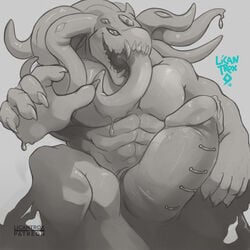 big_penis erection frenum_piercing genital_piercing goo_(disambiguation) greyscale huge_cock licantrox looking_at_viewer male male_only monochrome monster muscular muscular_male nude penis penis_piercing piercing solo tentacle tongue tongue_out