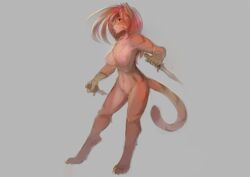 anthro breasts colored_sketch dagger felid feline female fur hair looking_at_viewer mammal melee_weapon nipples nude pussy solo watsup weapon