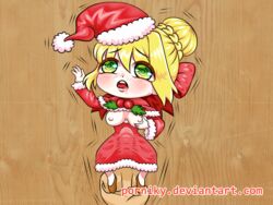 blonde_hair blushing_profusely chibette chibi christmas fate_(series) fingering hair_bun larger_male minigirl porniky size_difference size_play smaller_female submissive_female