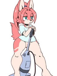 barely_visible_genitalia blue_eyes bottomless canid canine clothed clothing female fox fur hair kaitou kemono mammal partially_clothed pink_fur pink_hair ponytail pussy rel simple_background solo standing vacuum_cleaner