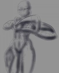 breasts claws crocface female looking_at_viewer monochrome monster pussy resident_evil thick_thighs tyrant