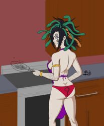 apron artist_signature facial_mark facial_tattoo frying_pan kid_icarus kid_icarus_uprising kitchen medusa medusa_(kid_icarus) panties sideboob topless work_in_progress