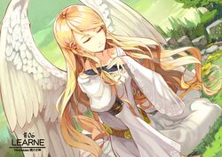 blonde_hair character_name closed_eyes copyright_name dress female fire_emblem fire_emblem:_path_of_radiance fire_emblem:_radiant_dawn hand_on_chest hand_on_own_chest high_resolution kurosawa_tetsu leanne_(fire_emblem) long_hair long_sleeves nintendo sitting smile solo very_long_hair white_dress white_wings wide_sleeves wings