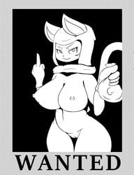 1girls anthro areola big_breasts black_background breasts clothed clothing english_text erect_nipples felid female female_only gloves greyscale holding_object hood khajiit looking_at_viewer mammal middle_finger monochrome mostly_nude nipples pussy simple_background slit_pupils smile solo solo_female standing text the_elder_scrolls tonytoran video_games wanted_poster wide_hips