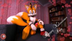 1boy 2019 3d anthro book canid canine chair clothing erection eulipotyphlan footwear fox fur gloves hedgehog hi_res male male_only mammal nude penis pose razorkitana shoes smile solo sonic_(series) tails valentine's_day video_games