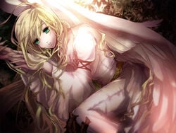 angel_wings blonde_hair dress expressionless female fire_emblem fire_emblem:_path_of_radiance fire_emblem:_radiant_dawn green_eyes in_profile leanne_(fire_emblem) long_hair long_sleeves lying miyabiq nature on_side outdoors solo very_long_hair white_dress white_wings wings