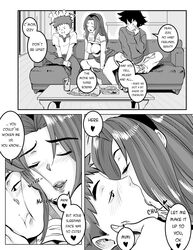 1girls 2boys aarokira black_and_white breasts cheek-to-cheek comic couch dialogue digimon digimon_adventure_tri. eyes_closed female half-closed_eyes human kissing koushiro_izumi male mimi_tachikawa nuzzling shirt_up taichi_yagami text