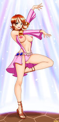 1girls breasts dancing feet female female_only harem_outfit high_heels highres jewelry nami nipples one_piece open_toe_shoes orange_hair short_hair solo tenzen toes