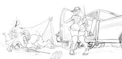 ! 2016 all_fours anthro ass blush breasts cameltoe can car cervid clothed clothing embarrassed female group hair hat long_hair mammal monochrome open_mouth outdoors rough_sketch shocked snack standing tent tgwonder underwear vehicle weapon