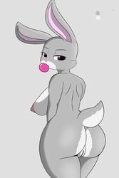 anthro areola ass big_breasts big_butt breasts bubble_gum disney erect_nipples female fur furry furry_only grey_background grey_fur half-closed_eyes judy_hopps lagomorph large_breasts looking_at_viewer looking_back mammal multicolored_fur nipples nude pink_nose purple_eyes pussy rabbit side_boob simple_background solo standing tail tonytoran two_tone_fur white_fur wide_hips zootopia