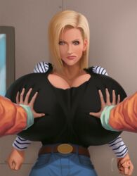 1girls android_18 angry blonde_hair blue_eyes cameltoe cleavage curvy dragon_ball erect_nipples female gigantic_breasts huge_areolae huge_ass mangrowing master_roshi puffy_nipples realistic short_hair thick_lips voluptuous wide_hips