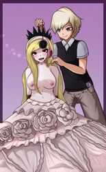 big_breasts blackwidowx blonde_hair blue_eyes blush breasts danganronpa danganronpa_2:_goodbye_despair dress female hands_behind_back heart hypnosis long_hair male mind_control nipples open_mouth princess purple_background red_eyes short_hair smile sonia_nevermind straight_hair topless