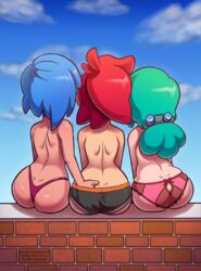 3girls ass ass_grab blue_hair clothing female female_only green_hair hand_in_another's_panties hand_on_ass long_hair multiple_girls nera_(the_other_half) on_back original panties red_hair the_other_half topless