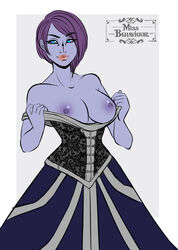 1girls awoken black_sclera blue_eyes bob_cut bungie corset destiny_(game) exposed_breasts female guardian_(destiny) medium_hair missbehaviour moira_(oc) purple_hair purple_skin slim stripping warlock_(destiny)