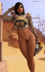 3d abs alternate_costume black_eyes black_hair blender dark-skinned_female dark_skin desert female female_pubic_hair gloves helmet high_resolution looking_away muscle muscular_female overwatch overwatch_2 overwatch_archives pharah pharah-best-girl power_armor pubic_hair scar security_chief_pharah