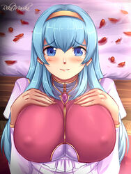 blue_eyes blue_hair blush breast_hold breasts dress hair_ornament headband huge_breasts large_breasts long_hair lufia rikamarika smile tia