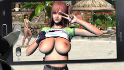 2girls 3d belly beltskirt breasts brown_hair camera dead_or_alive dead_or_alive_5 fuckhead gesture glove green_bikini grey_skirt hitomi_(doa) honoka_(doa) huge_breasts jean_skirt large_breasts looking_at_viewer nipples orange_hair phone purple_eyes shirt_lift shirt_up skirt source_filmmaker standing topless v