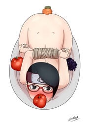 1girls anal_insertion apple apple_gag apple_in_mouth arms_behind_back bent_over black_hair blush bondage boruto:_naruto_next_generations bound bound_arms carrot carrot_in_ass female female_only femsub food food_gag forehead_protector fruit gag gagged glasses grapes hands_behind_back hands_tied human_only looking_at_viewer misaeldm mouth_gag naked naruto no_dialogue no_text nude object_insertion produce produce_dildo produce_in_ass produce_insertion red_blush restrained rope sarada_uchiha short_hair solo solo_focus textless tied_up top-down_bottom-up vegetable vegetable_dildo vegetable_in_ass