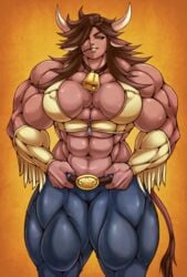 abs animal_ears bare_shoulders belt big_muscles breasts brown_hair cow cow_ears cow_girl cow_tail cowbell erisabatt extreme_muscles female green_eyes horns jeans looking_at_viewer missymuscle monster_girl muscles muscular muscular_female navel solo tail thick_thighs