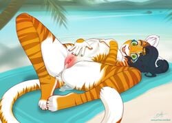 absurdres after_sex anthro beach bonk cum cum_in_pussy cum_inside cum_leaking cuntboy felid furry highres intersex looking_at_viewer lying makeup mammal on_back open_mouth outdoors pantherine pussy seaside smile solo spread_legs spreading tiger zane_darkpaw