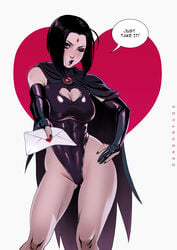 belt breasts cleavage cleavage_cutout clothing dandon_fuga dc dc_comics elbow_gloves female footwear heart_cutout incoming_letter leotard looking_at_viewer love_letter offscreen_character outerwear rachel_roth raven_(dc) solo speech_bubble straight_hair teen_titans text valentine's_day wholesome