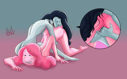 2018 2girls adventure_time bent_over black_hair blue_skin canon_couple color commission fingering marceline multiple_girls pink_hair pink_skin pleasure_face princess_bubblegum sealedhelm uncensored vampire wet_pussy yuri