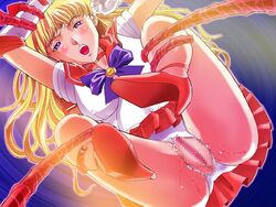 bishoujo_senshi_sailor_moon blonde_hair blue_eyes breasts brutal censored choker clothing elbow_gloves erect_nipples erect_nipples_under_clothes exposed_pussy female female_focus gloves high_heels kneepit_sex long_hair minako_aino nipples open_mouth panties pussy ripped_clothing sailor_venus skirt small_breasts tentacle tiara tied_hair torn_clothes x_koubou