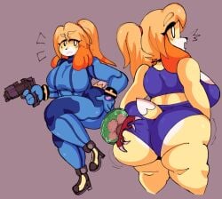 animal_crossing anthro ass big_ass big_breasts bodysuit breasts bubble_butt canid canine canis clothed clothing dork_boi female fur furry high_heels huge_ass isabelle_(animal_crossing) latex lewd_dorky metroid metroid_(creature) nintendo tail zero_suit