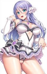 1girls amethyst_(gemstone) bangs bare_shoulders blue_eyes blush breasts choker cleavage collarbone contrapposto covered_navel crotch_cutout crotchless_leotard detached_sleeves eyebrows_visible_through_hair female frilled_skirt frilled_sleeves frills hair_ornament hand_up head_tilt innie_pussy lambda_(kusowarota) large_breasts leotard lifted_by_self long_hair looking_at_viewer open_mouth princess_connect! princess_connect!_re:dive purple_eyes purple_hair pussy ribbon shizuru_(princess_connect!) sidelocks skindentation skirt skirt_lift smile solo thighhighs uncensored vagina white_legwear white_leotard white_ribbon