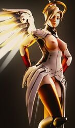 1girls 3d blizzard_entertainment blonde_hair breasts female female_only functionally_nude mercy nipples overwatch pussy solo wings wunder