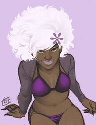 afro artist_signature bikini breasts dark-skinned_female dark_skin flower hips looking_at_viewer nintendo no_more_heroes purple_lipstick shinobu_jacobs sitting smile thighs tumblr waist white_hair