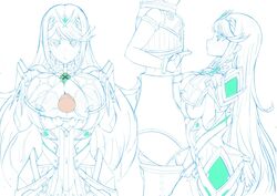 1boy 1girls armor bangs blush breasts cleavage closed_mouth dress earrings female gatyo_5 gem hair_ornament headpiece jewelry large_breasts long_hair looking_at_viewer monochrome mythra nintendo nipple_slip nipples nude paizuri penis rex_(xenoblade) simple_background staring swept_bangs tiara very_long_hair white_background xenoblade_(series) xenoblade_chronicles_2