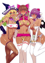 3girls ass bare_shoulders bimbo blush breasts cleavage female female_only fishnets ganguro gyaru large_breasts looking_at_viewer marisa_kirisame micro_bikini microskirt mizuryuu_kei multiple_girls nipple_bulge reimu_hakurei shameimaru_aya short_hair simple_background skimpy sling_bikini sling_bikini_aside smoking string_bikini thighhighs thong toned tongue tongue_out touhou tubetop white_background wide_hips wings