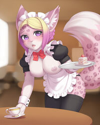 anthro apron black_legwear blonde_hair blush bow breasts breasts_out cake cristalavi desert detached_collar feline female frills furry gradient gradient_hair indoors leaning_forward leopard looking_at_viewer maid maid_headdress open_mouth original pink_hair purple_eyes short_hair smile solo tail teacup thighhighs two_tone_hair wrist_cuffs