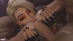 1girls 3boys 3d ashe_(overwatch) balls blonde_hair face_fucking faceless_male fellatio female group handjob huge_cock irispoplar large_penis light-skinned_female light_skin looking_back looking_up multiple_boys oral oral_sex overwatch penis penis_out red_eyes red_lipstick throat_fuck