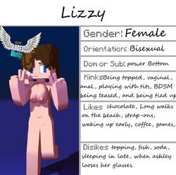 1girls 3d angel-matty breasts english_text female female_only lizzy_(minecraft) minecraft nipples nude pose pussy solo text v young