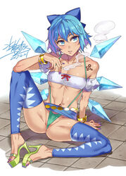 1girls artist_signature ass bare_shoulders blue_eyes blue_hair breasts cigarette cirno female female_only high_heels microskirt mizuryuu_kei open_toe_shoes platform_heels short_hair skimpy skindentation sling_bikini sling_bikini_aside smoking solo tattoo thighhighs touhou tubetop